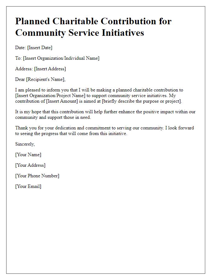 Letter template of planned charitable contribution for community service initiatives