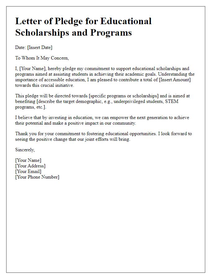 Letter template of pledge for educational scholarships and programs