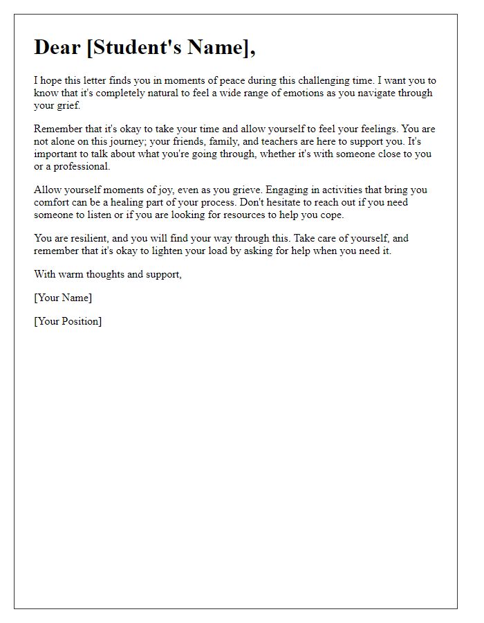 Letter template of encouragement for students dealing with grief.