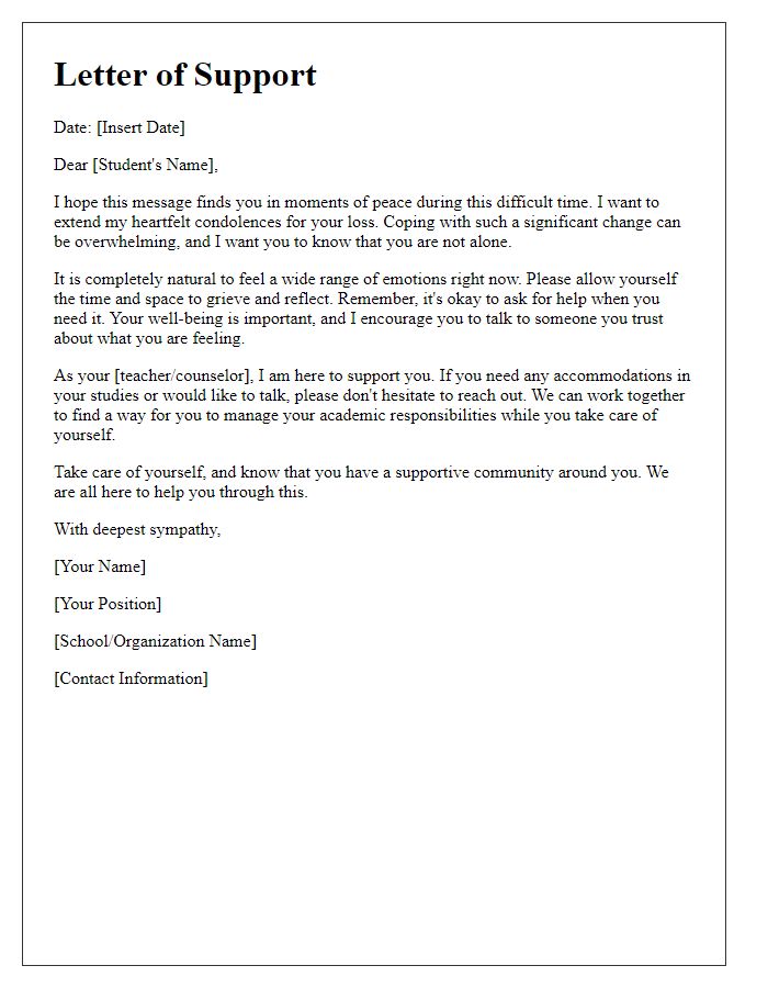 Letter template of support for students coping with loss.