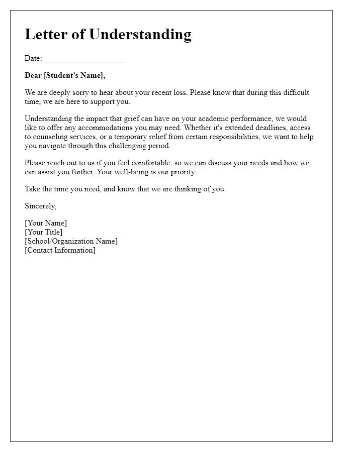 Letter template of understanding for students facing bereavement.