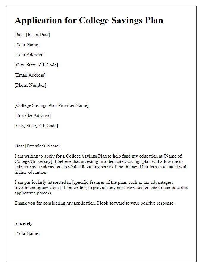 Letter template of application for college savings plans