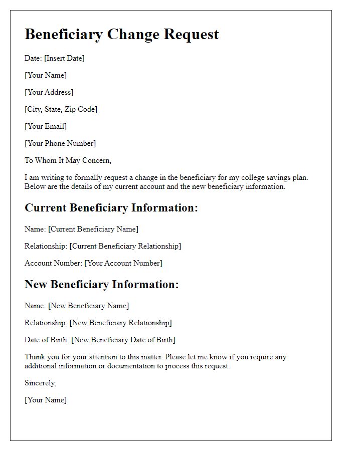 Letter template of beneficiary change for college savings plans