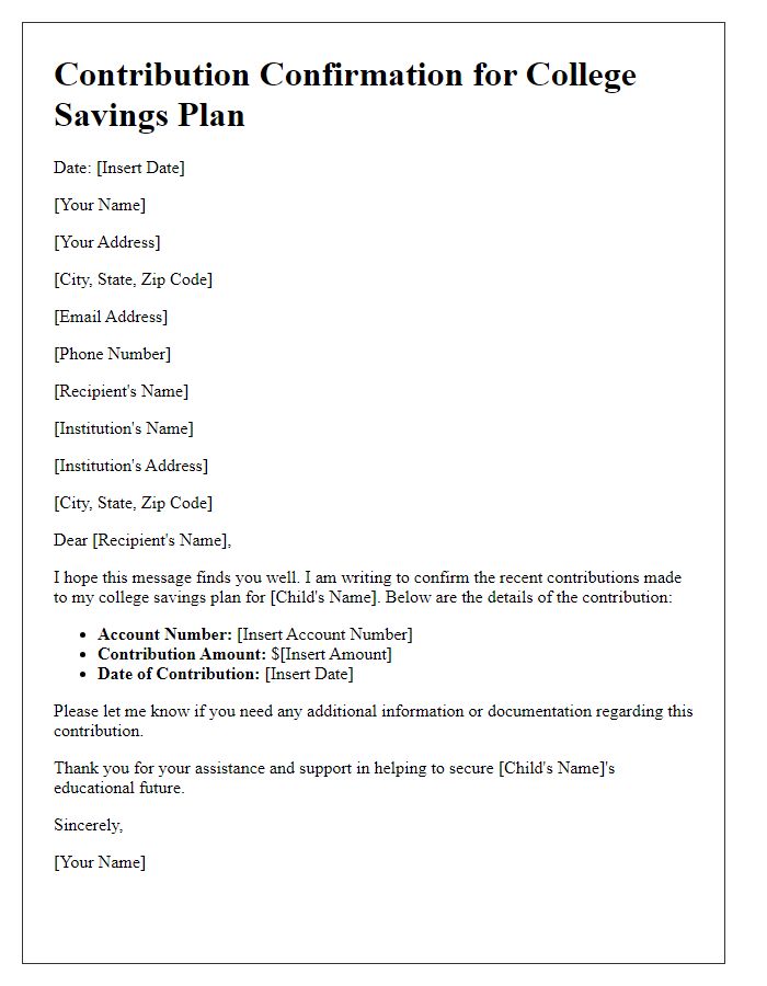 Letter template of contribution confirmation for college savings plans