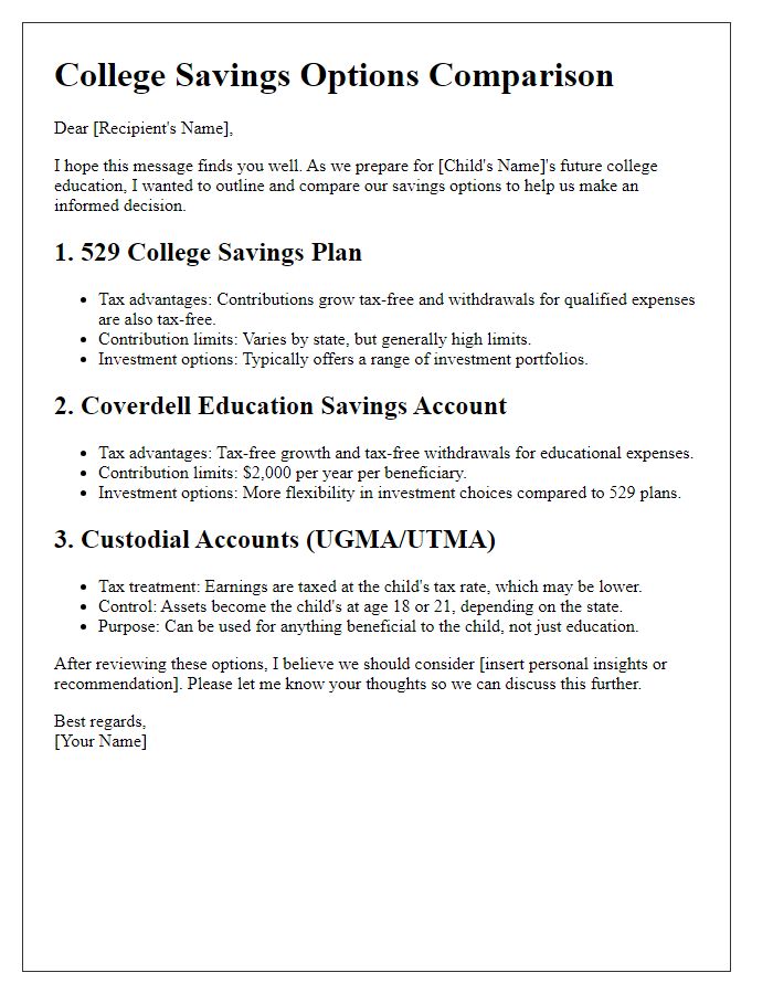 Letter template of plan comparison for college savings options