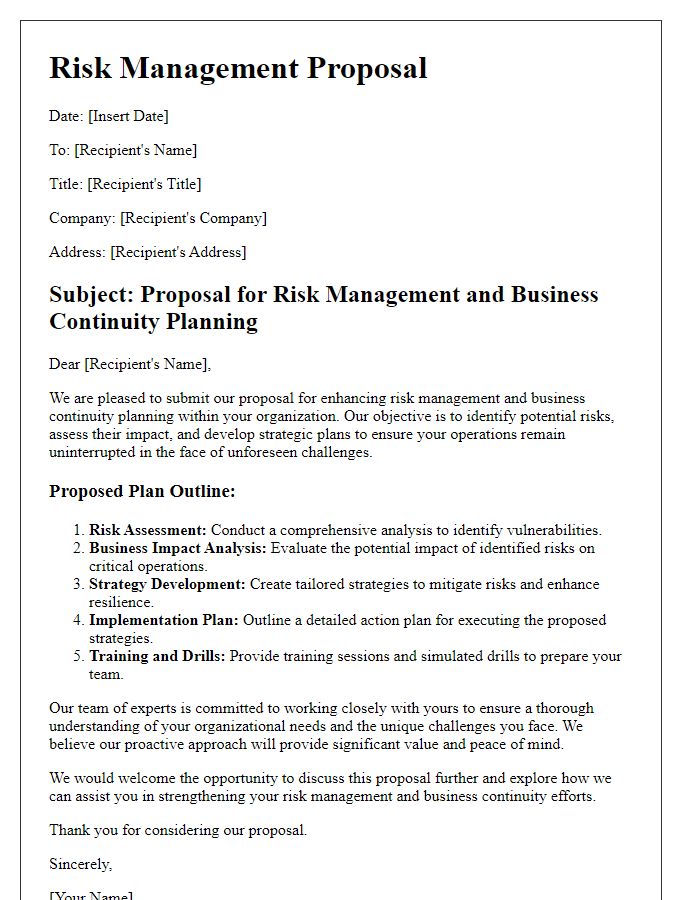 Letter template of risk management proposal for business continuity planning