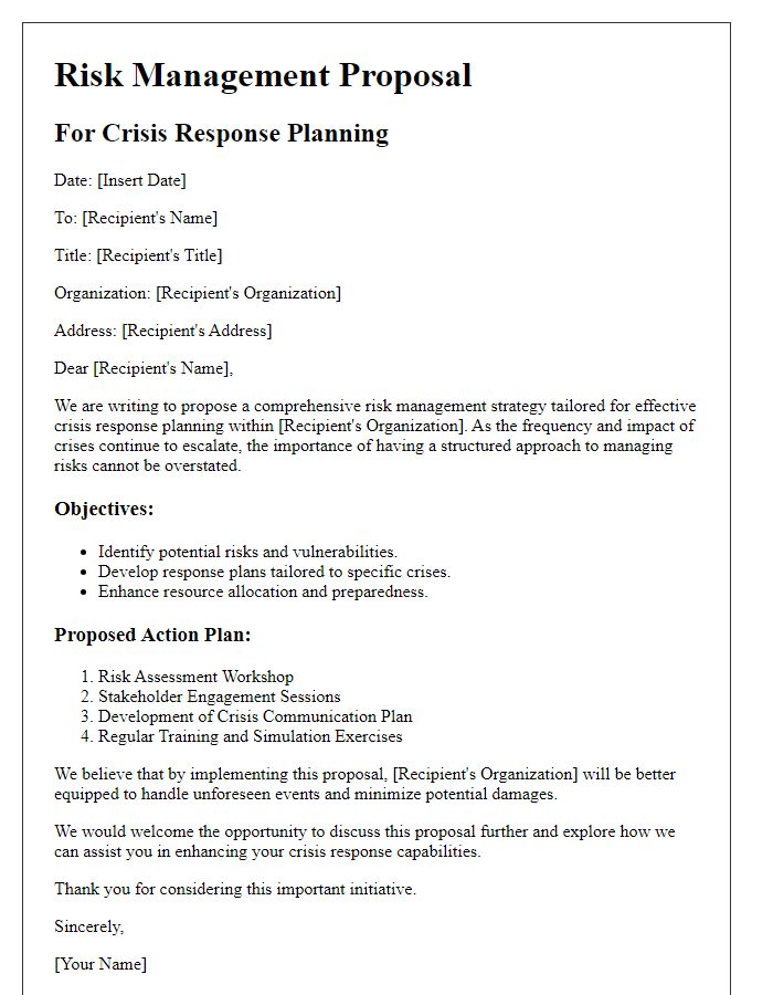 Letter template of risk management proposal for crisis response planning