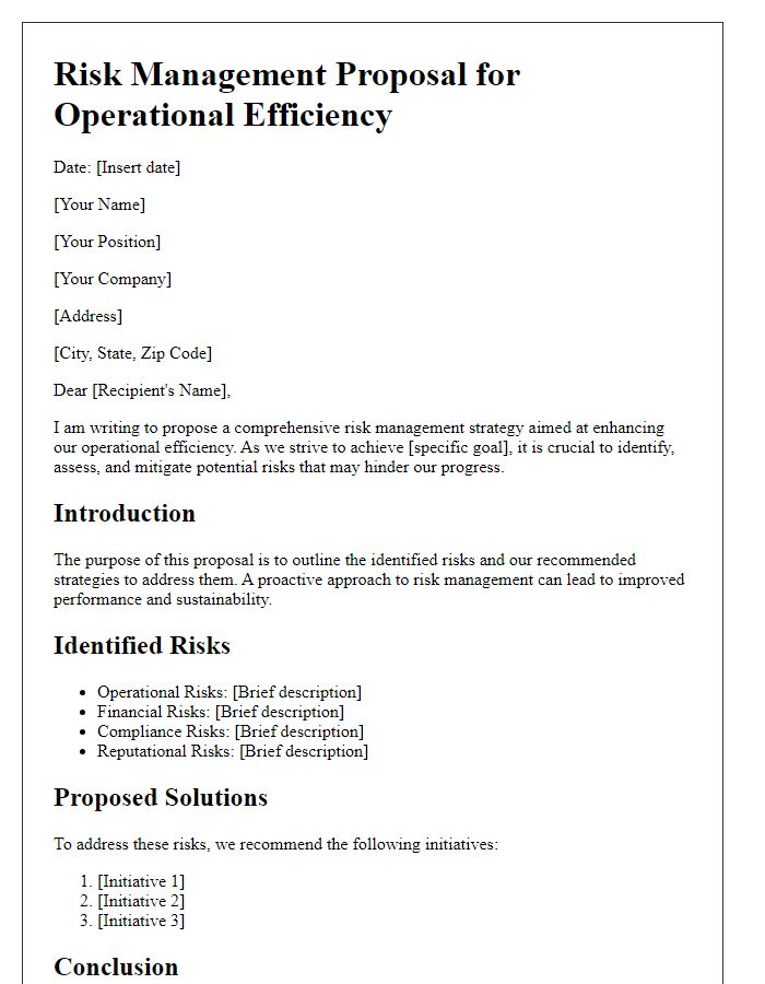 Letter template of risk management proposal for operational efficiency