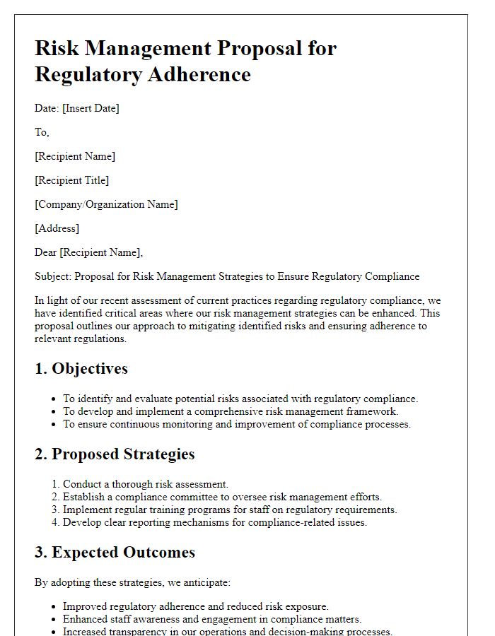 Letter template of risk management proposal for regulatory adherence