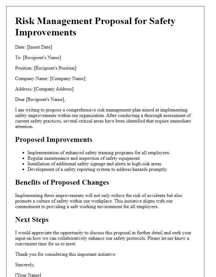 Letter template of risk management proposal for safety improvements