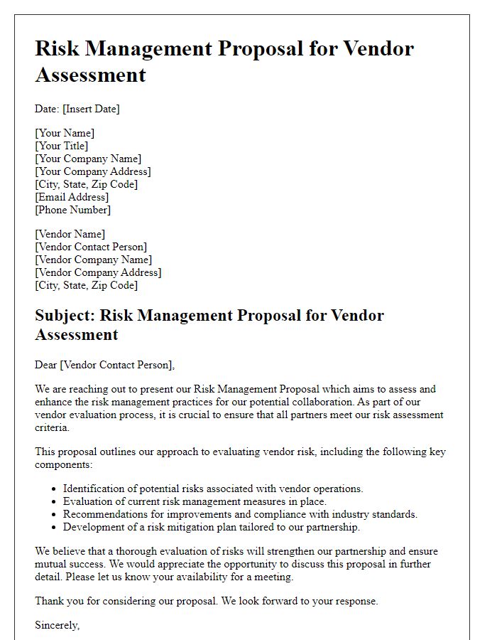 Letter template of risk management proposal for vendor assessment