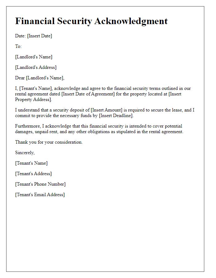 Letter template of financial security acknowledgment for rental agreements