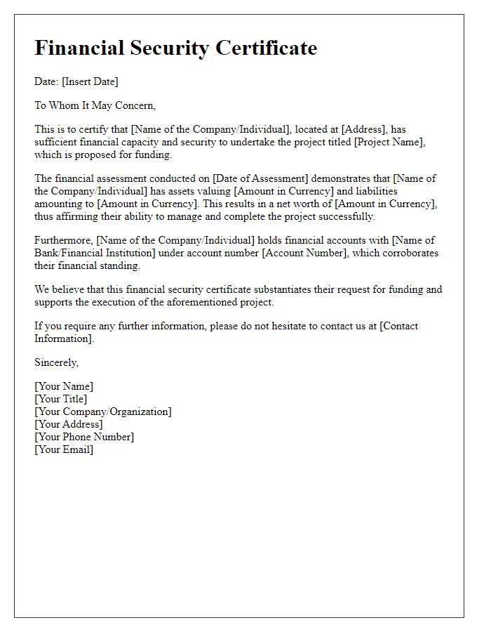 Letter template of financial security certificate for project funding