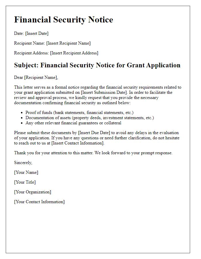 Letter template of financial security notice for grant applications