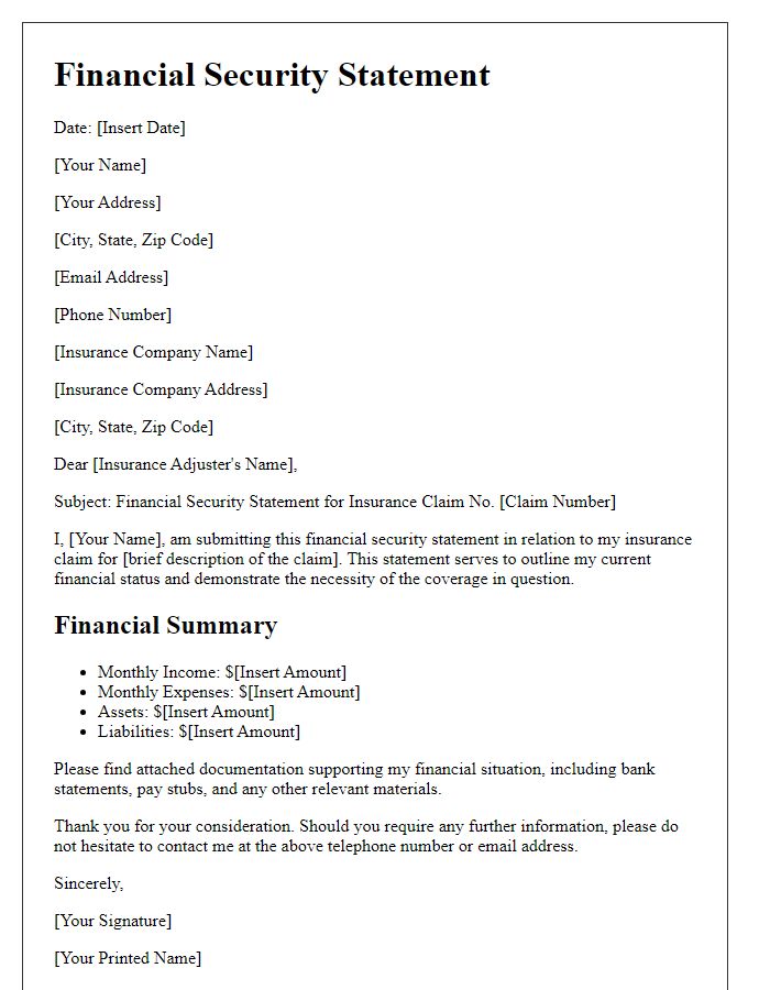 Letter template of financial security statement for insurance claims