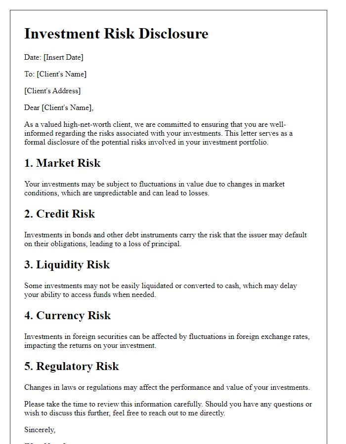 Letter template of investment risk disclosure for high-net-worth clients