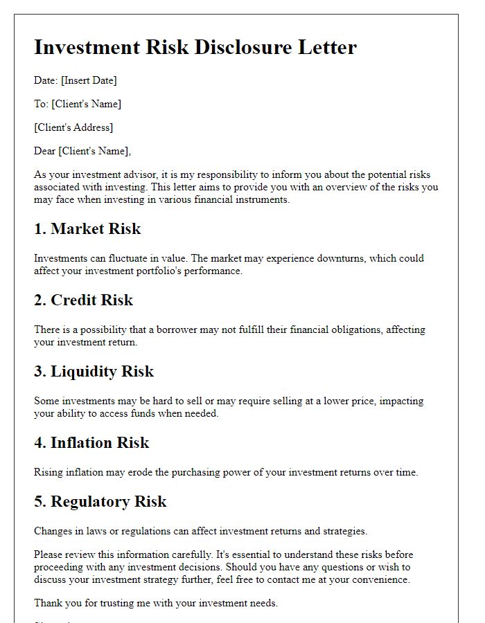 Letter template of investment risk disclosure for investment advisors