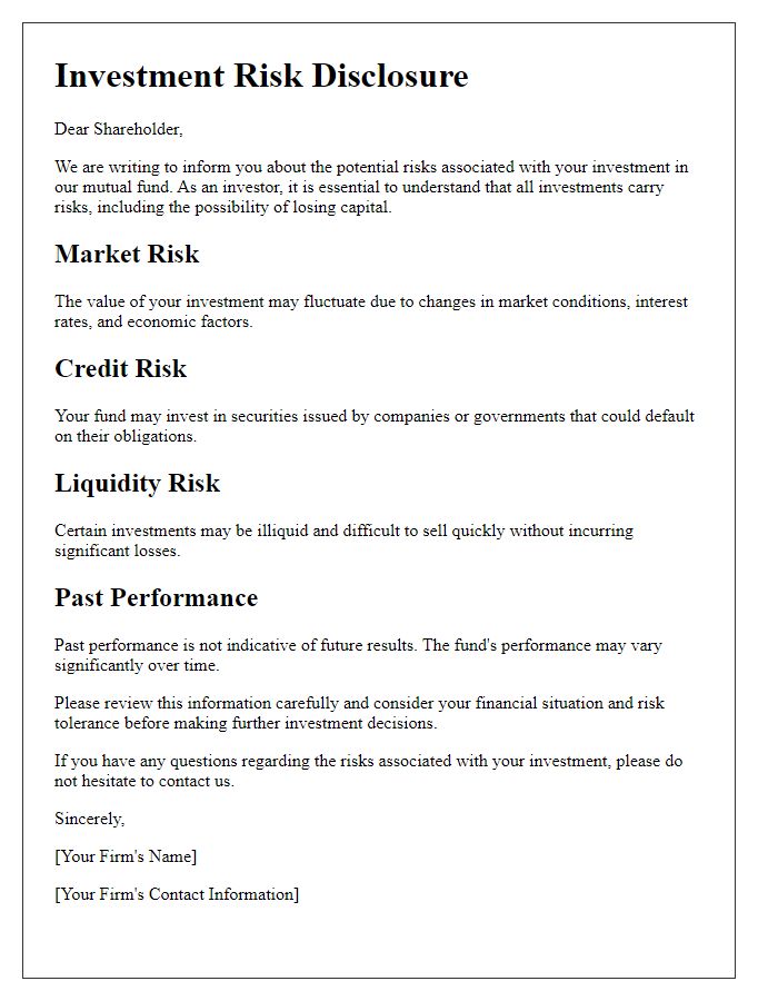 Letter template of investment risk disclosure for mutual fund shareholders