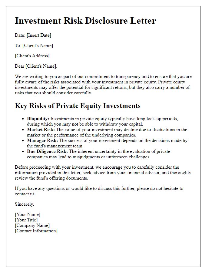 Letter template of investment risk disclosure for private equity clients