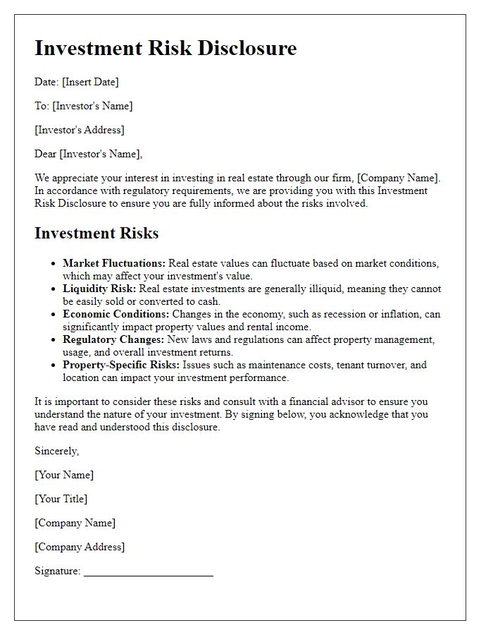 Letter template of investment risk disclosure for real estate investments