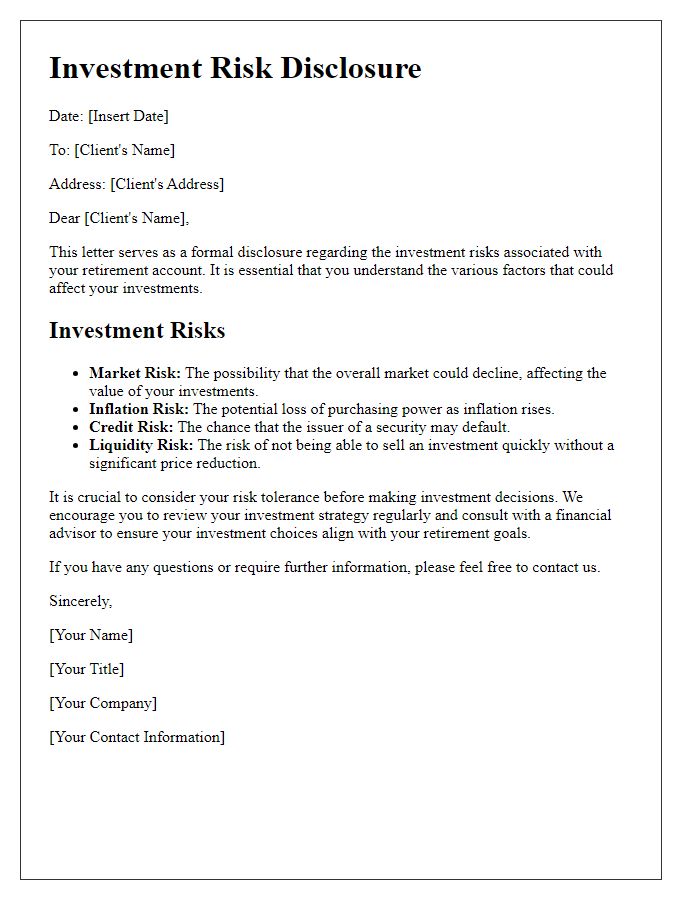 Letter template of investment risk disclosure for retirement accounts