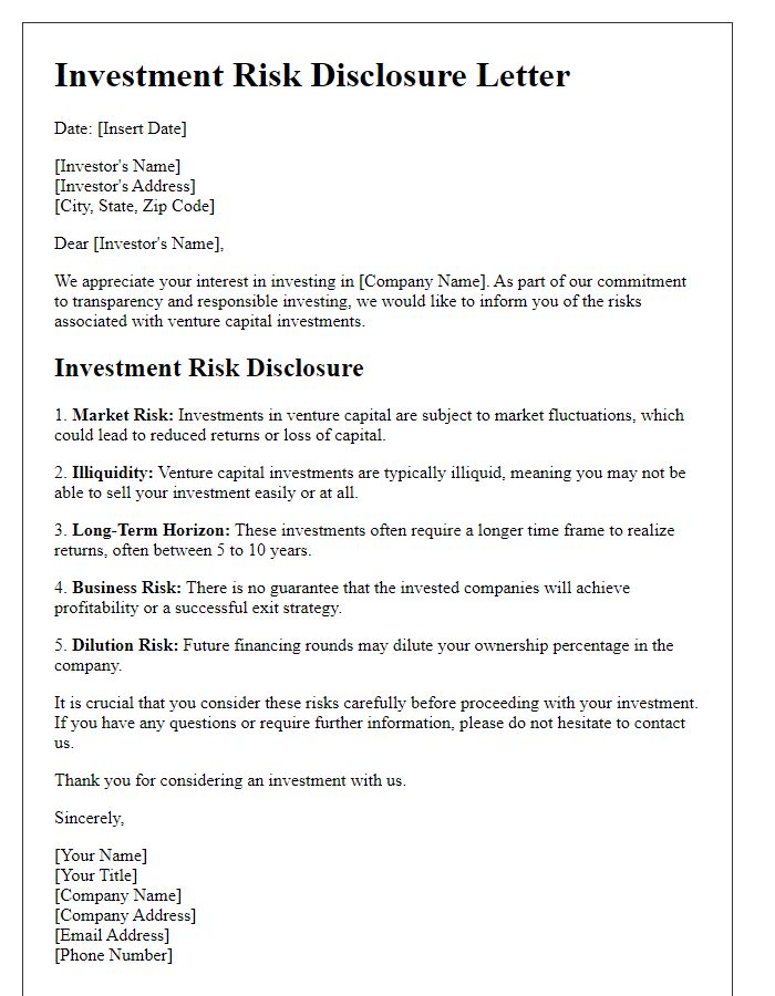 Letter template of investment risk disclosure for venture capital investors