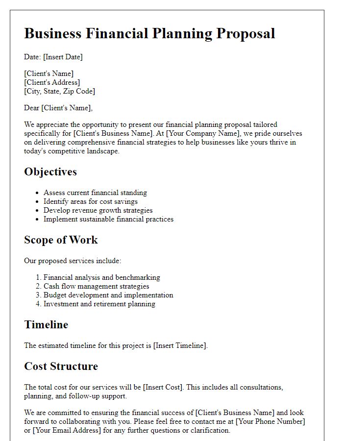 Letter template of business financial planning proposal