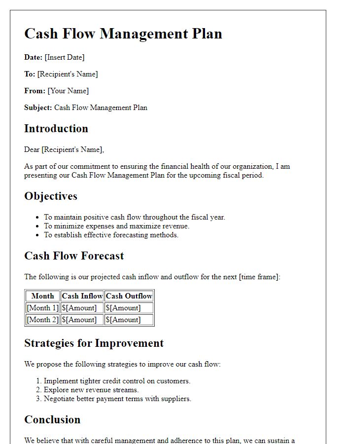 Letter template of cash flow management plan