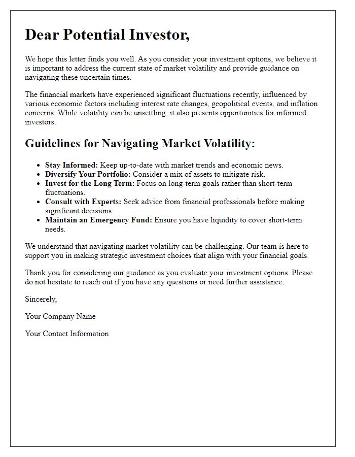 Letter template of market volatility guidance for potential investors.