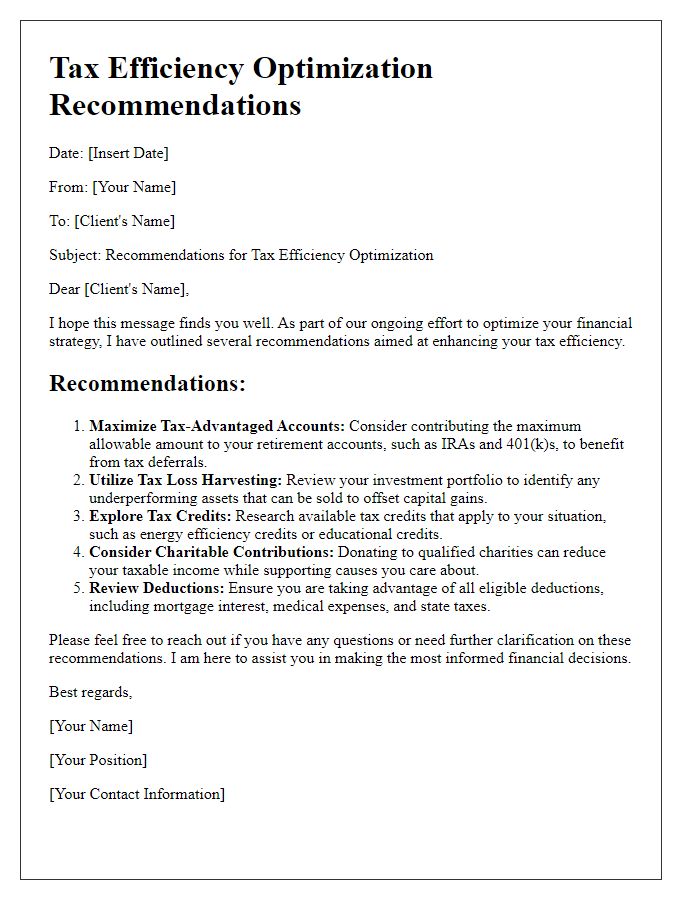 Letter template of tax efficiency optimization recommendations