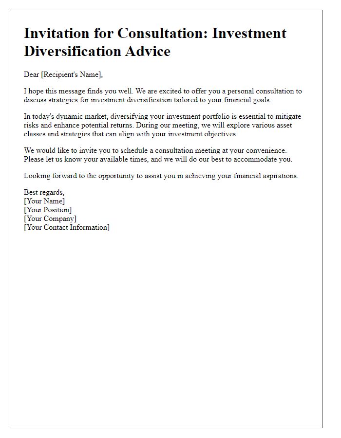 Letter template of consultation invitation for investment diversification advice