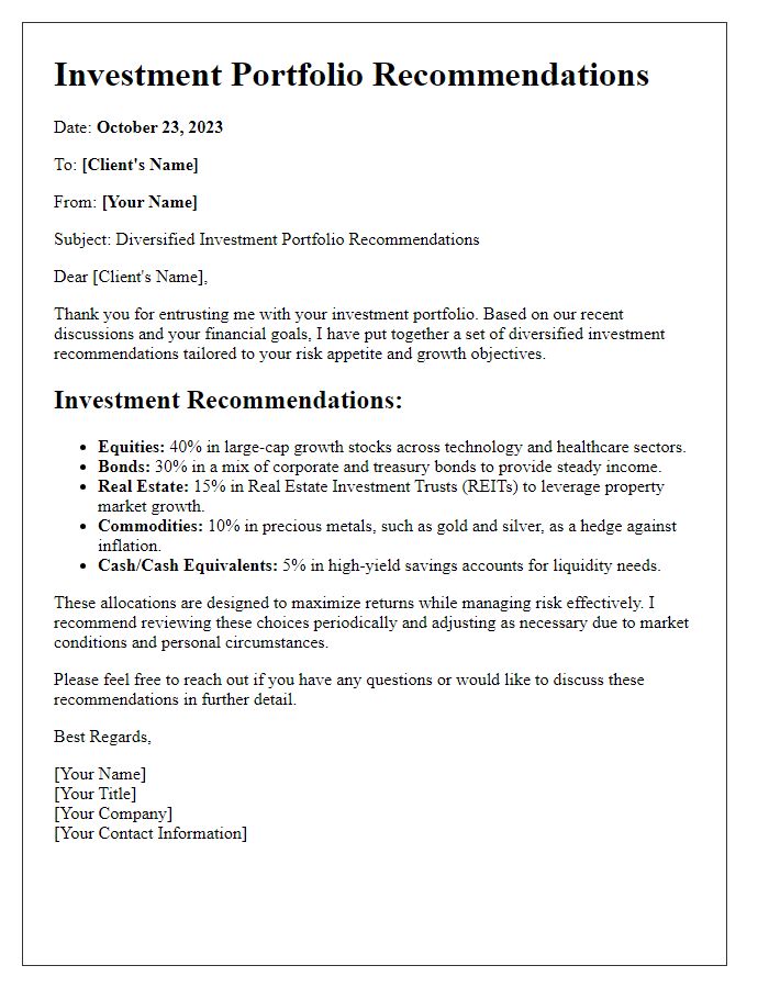 Letter template of diversified investment portfolio recommendations