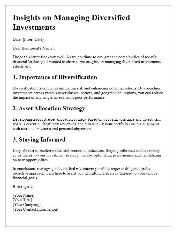 Letter template of insights on managing diversified investments