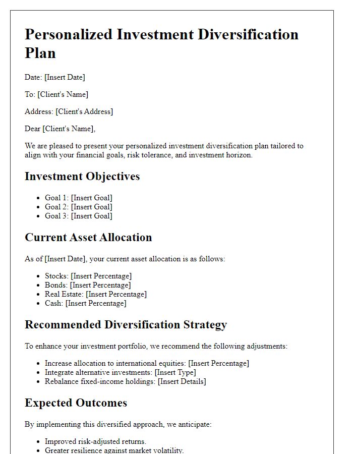 Letter template of personalized investment diversification plan