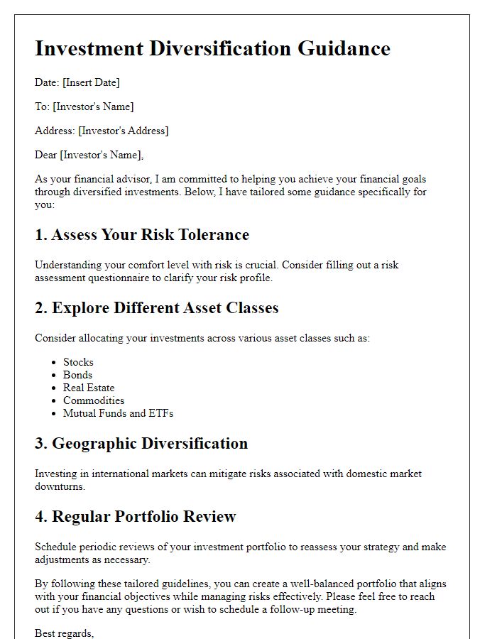 Letter template of tailored guidance for diversifying investments