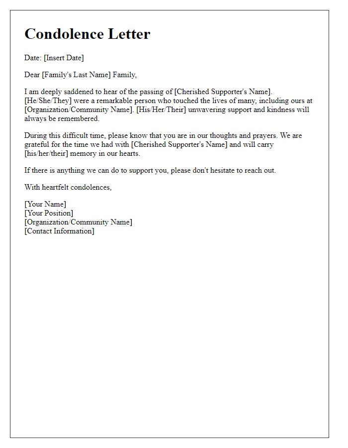 Letter template of condolence for the family of a cherished supporter