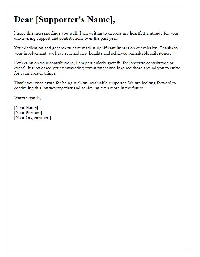 Letter template of gratitude reflecting on a supporters contributions