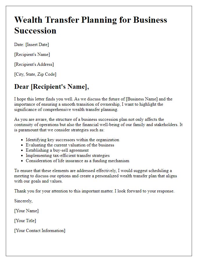 Letter template of wealth transfer planning for business succession.