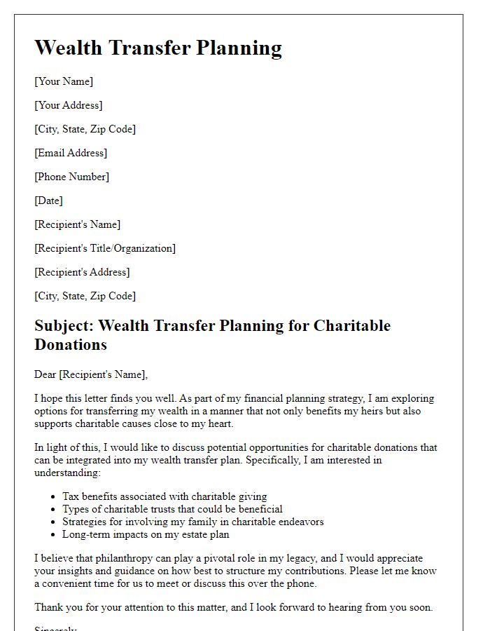 Letter template of wealth transfer planning for charitable donations.