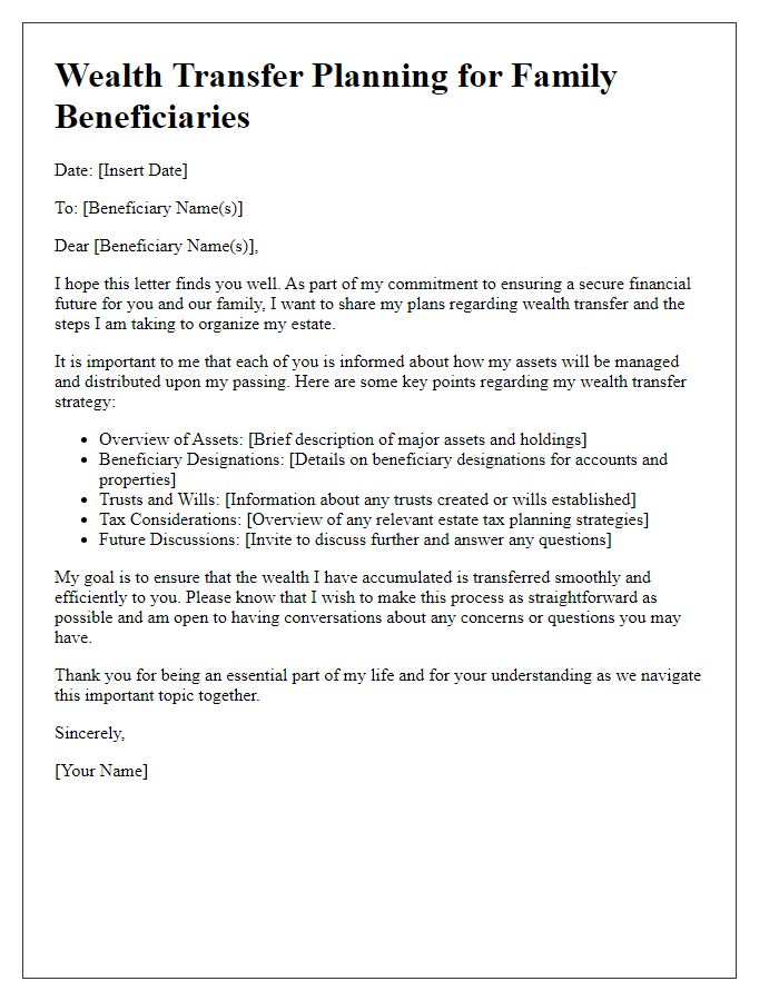 Letter template of wealth transfer planning for family beneficiaries.