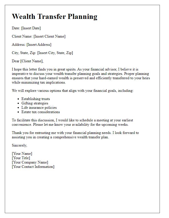 Letter template of wealth transfer planning for financial advisors.