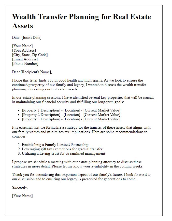 Letter template of wealth transfer planning for real estate assets.