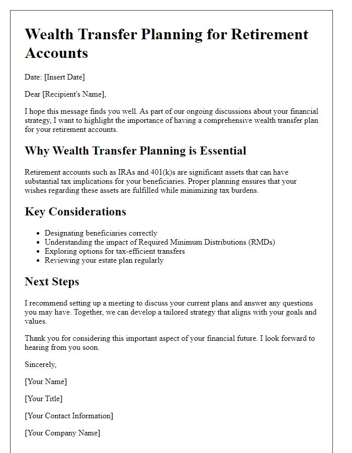 Letter template of wealth transfer planning for retirement accounts.