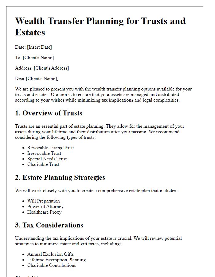 Letter template of wealth transfer planning for trusts and estates.