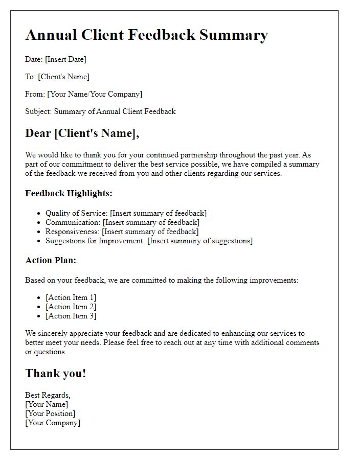 Letter template of annual client feedback summary