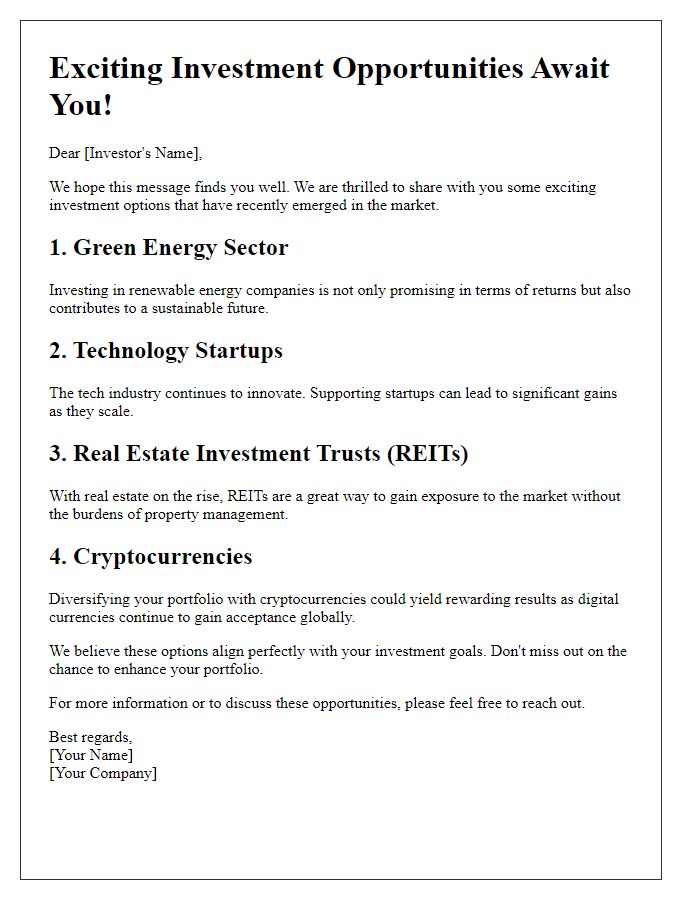 Letter template of exciting investment options