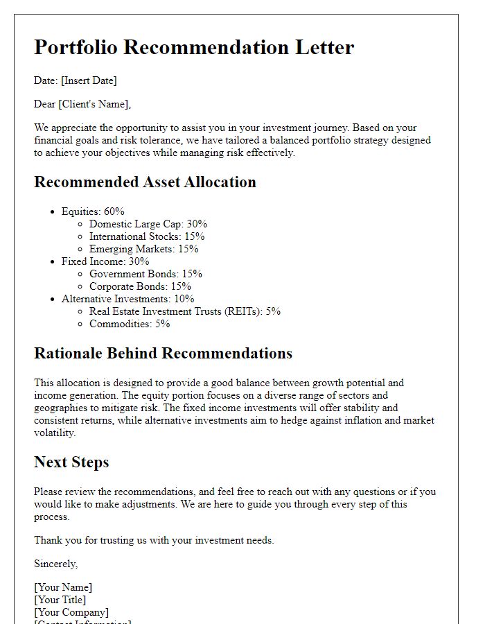 Letter template of balanced portfolio recommendations