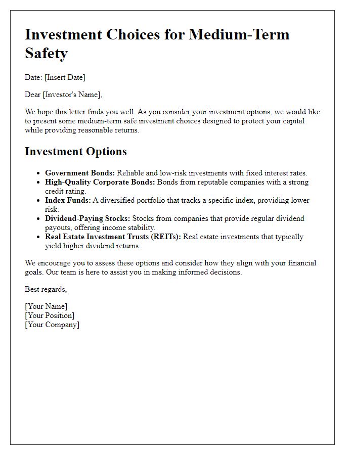 Letter template of medium-term safe investment choices