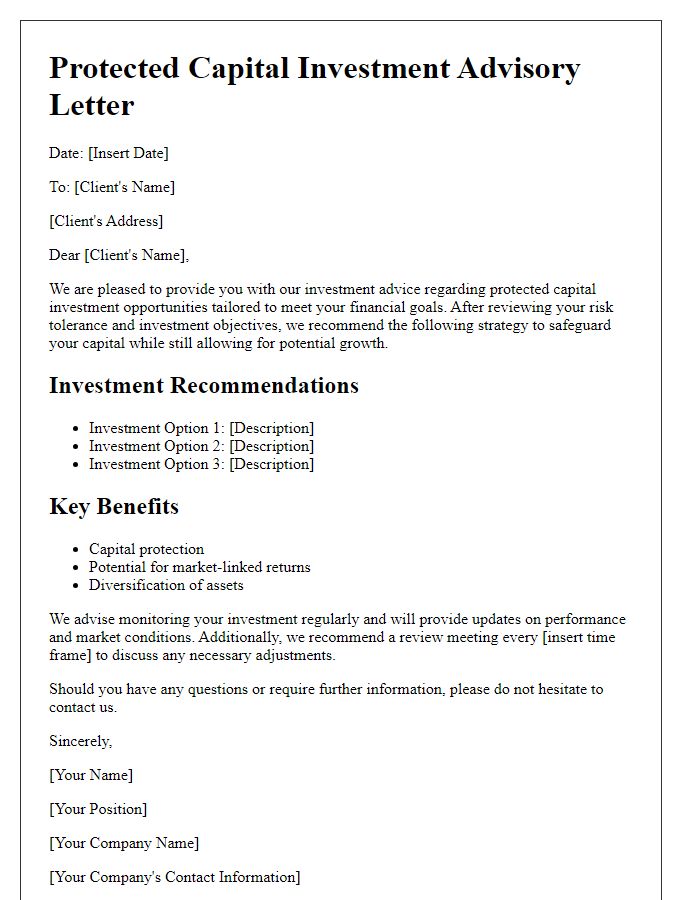 Letter template of protected capital investment advice