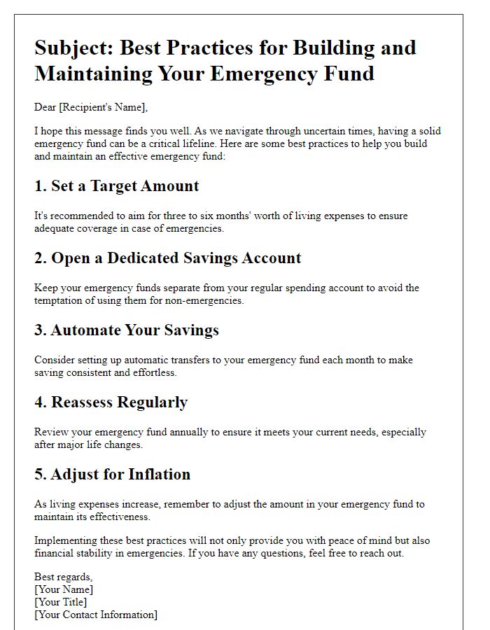 Letter template of best practices for emergency funds.